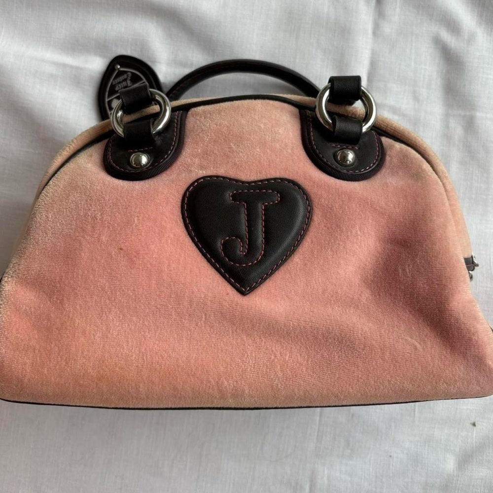 Y2K 2002 Vintage Juicy Couture Pink & Brown Velour Bowler Bag Purse - Picture 6 of 11